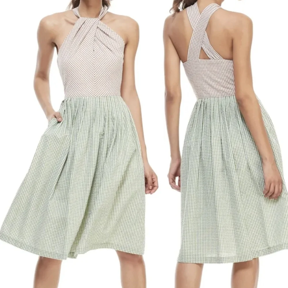 GAL MEETS GLAM Alma Two- Color Gingham Halter Neck Dress 20 - Picture 2 of 15